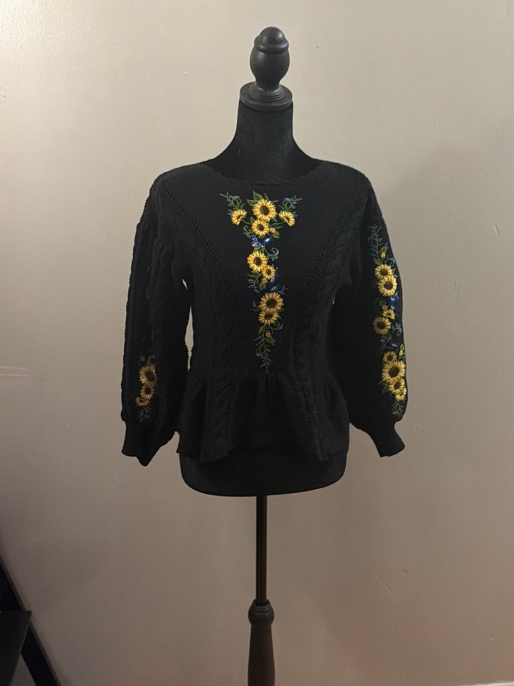 FARM Rio Black Crewneck Sweater with Yellow Sunflower Embroidery